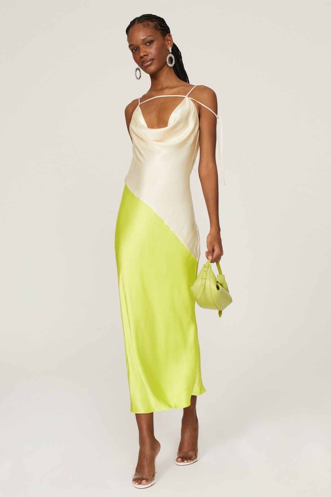 San Sloane Green Cream Drapey Open Back Slip Style Cowl Neck Zita Midi Dress Xs